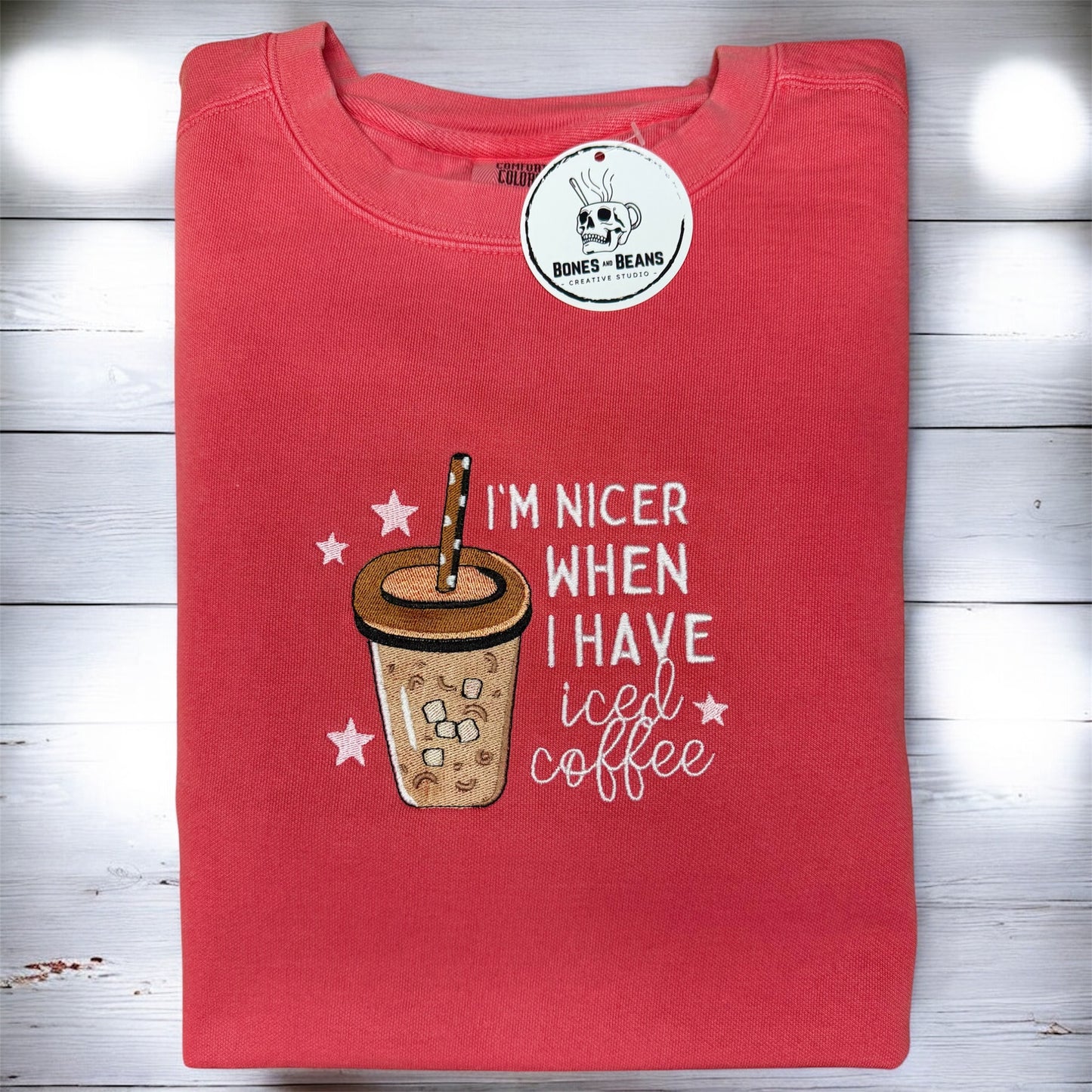 I'm Nicer When I Have Iced Coffee Sweatshirt | Comfort Colors Embroidered Crewneck