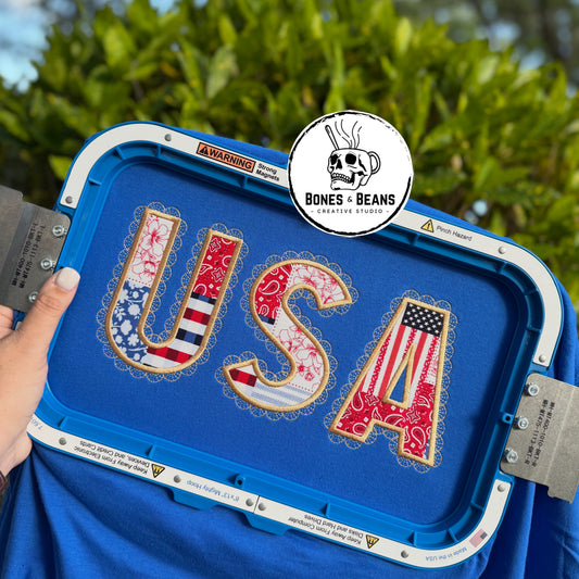 Patriotic USA Appliqué T-Shirt | Red White & Blooms Custom Patchwork Embroidery Tee