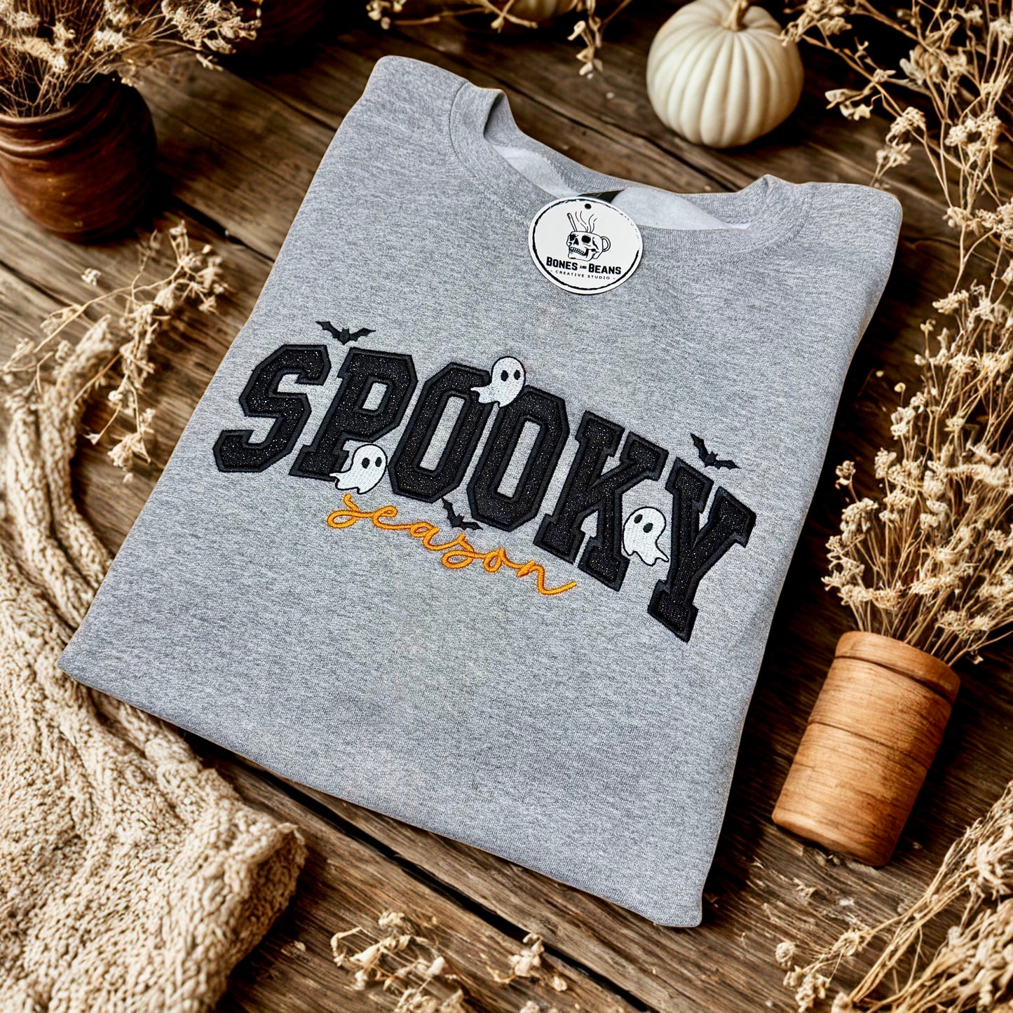 Spooky Season Embroidered Halloween Sweatshirt | Cute Ghost & Bat Crewneck