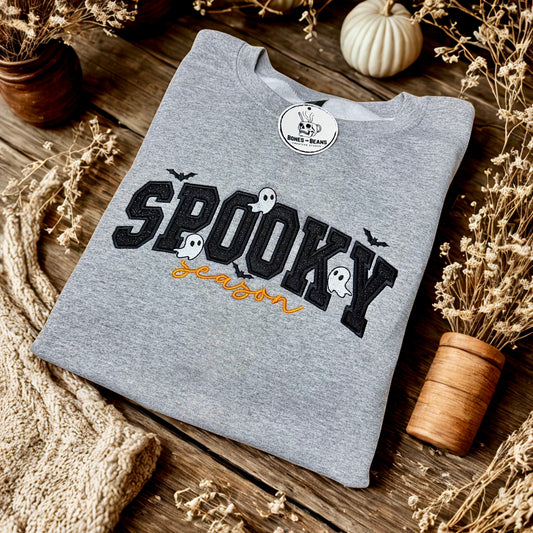 Spooky Season Embroidered Halloween Sweatshirt | Cute Ghost & Bat Crewneck