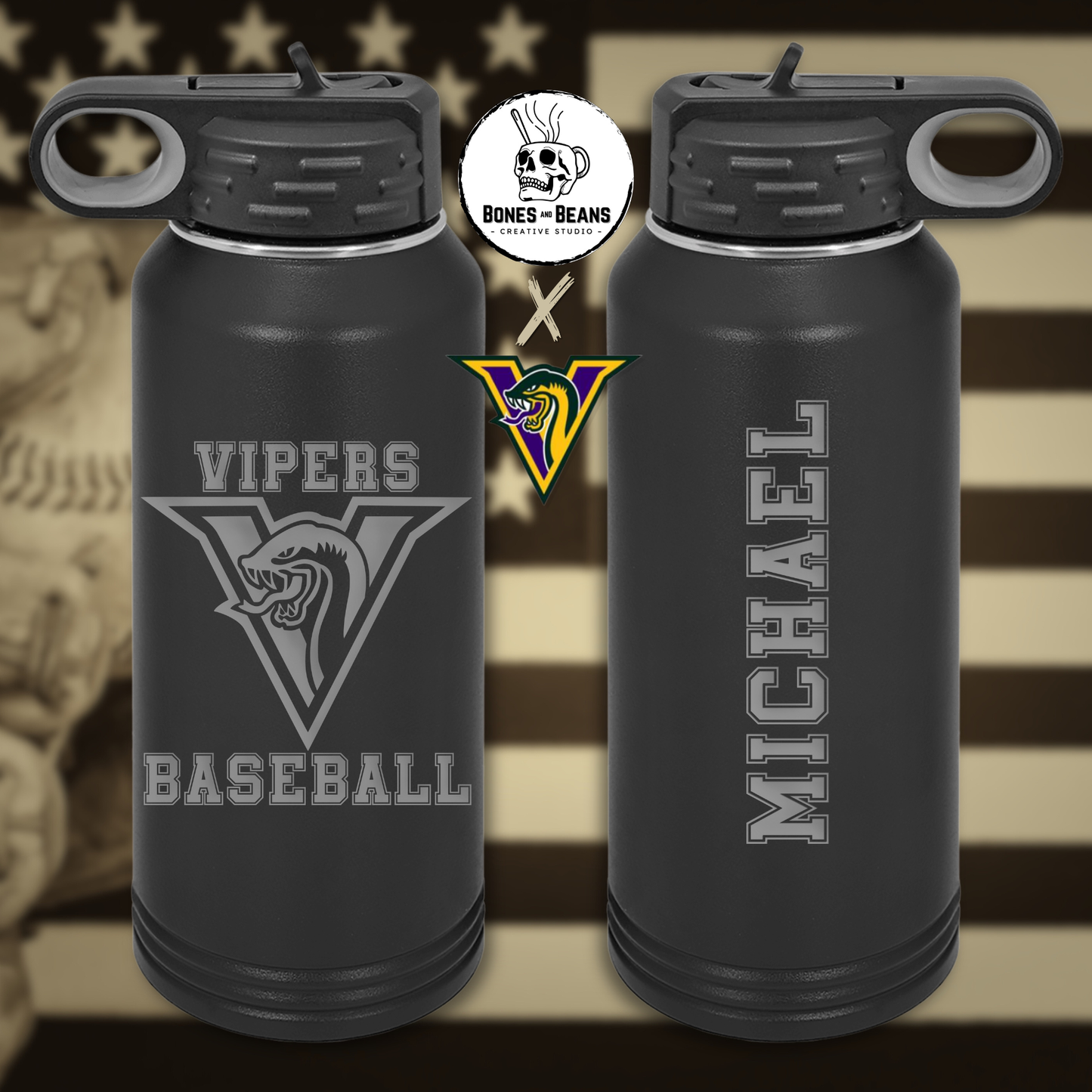 Vipers Baseball Custom Bottles - 32oz (Black)